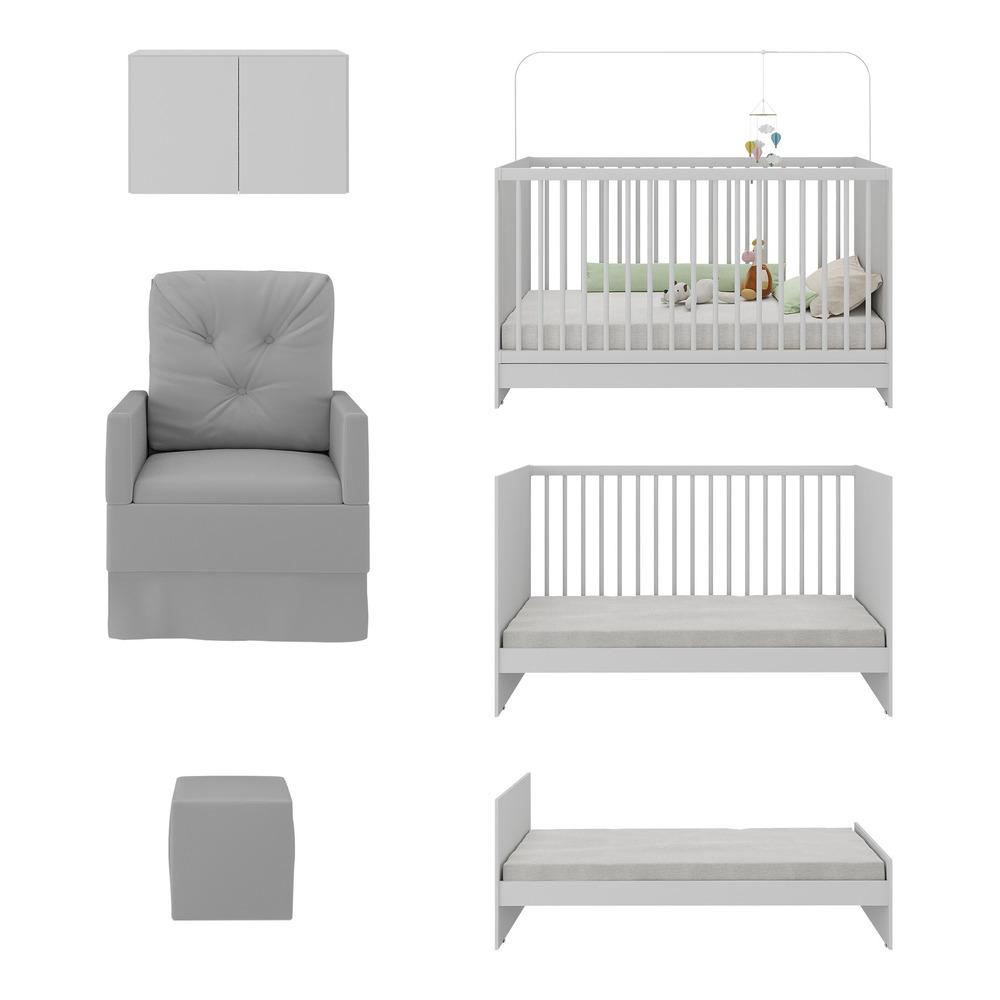 Berço 3 em 1 com Colchão Poltrona Puff e Armário Aéreo 2 Portas Multimóveis MP4157 Branco/Cinza
