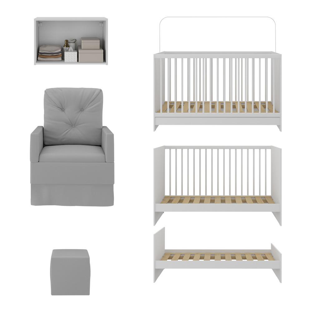 Berço 3 em 1 com Colchão Poltrona Puff e Armário Aéreo 2 Portas Multimóveis MP4157 Branco/Cinza