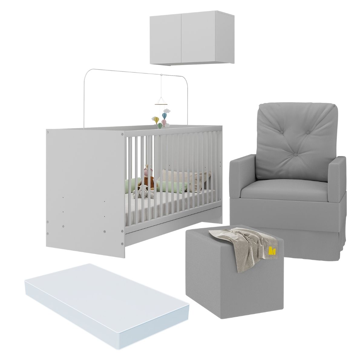 Berço 3 em 1 com Colchão Poltrona Puff e Armário Aéreo 2 Portas Multimóveis MP4157 Branco/Cinza