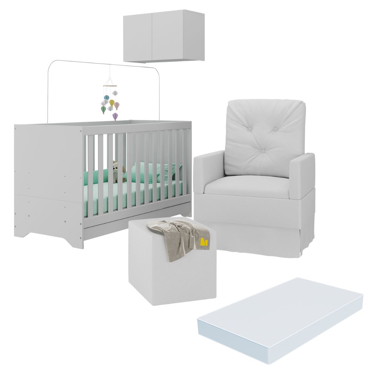 Berço 3 em 1 com Colchão Poltrona Puff e Armário Aéreo 2 Portas Multimóveis MP4166 Branco