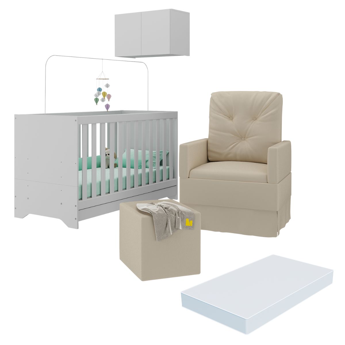 Berço 3 em 1 com Colchão Poltrona Puff e Armário Aéreo 2 Portas Multimóveis MP4166 Branco/Bege