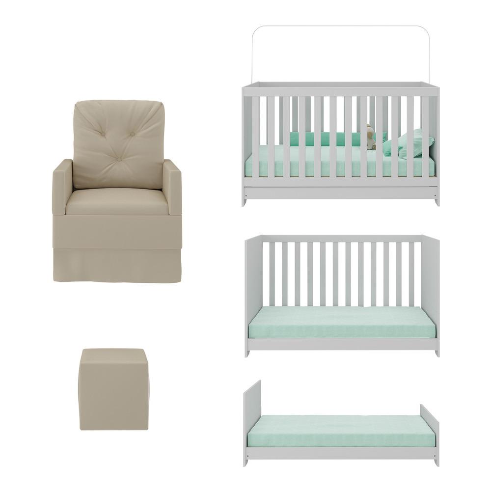 Berço 3 em 1 com Colchão Poltrona Puff e Armário Aéreo 2 Portas Multimóveis MP4166 Branco/Bege
