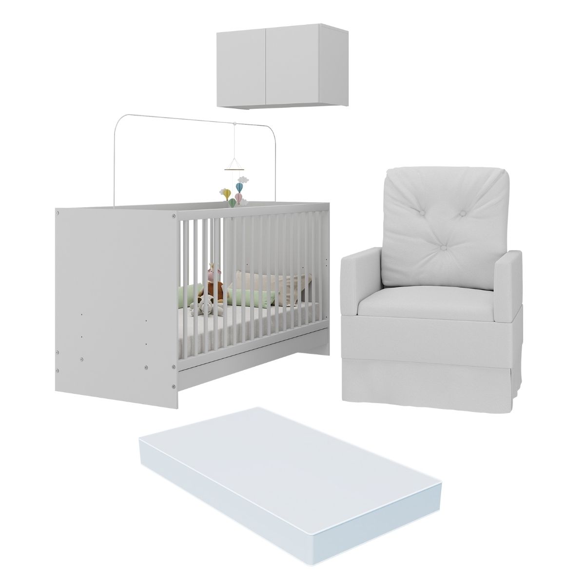 Berço 3 em 1 com Colchão Poltrona e Armário Aéreo 2 Portas Multimóveis MP4156 Branco