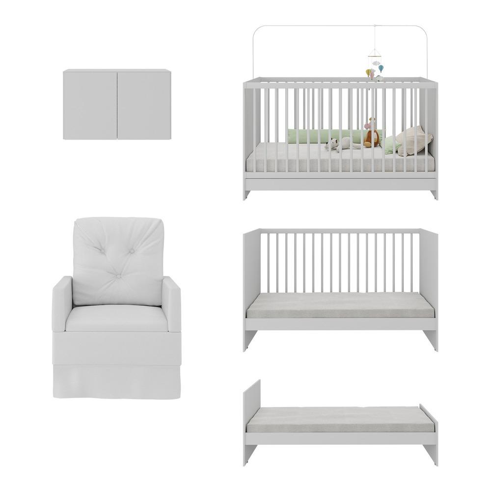 Berço 3 em 1 com Colchão Poltrona e Armário Aéreo 2 Portas Multimóveis MP4156 Branco