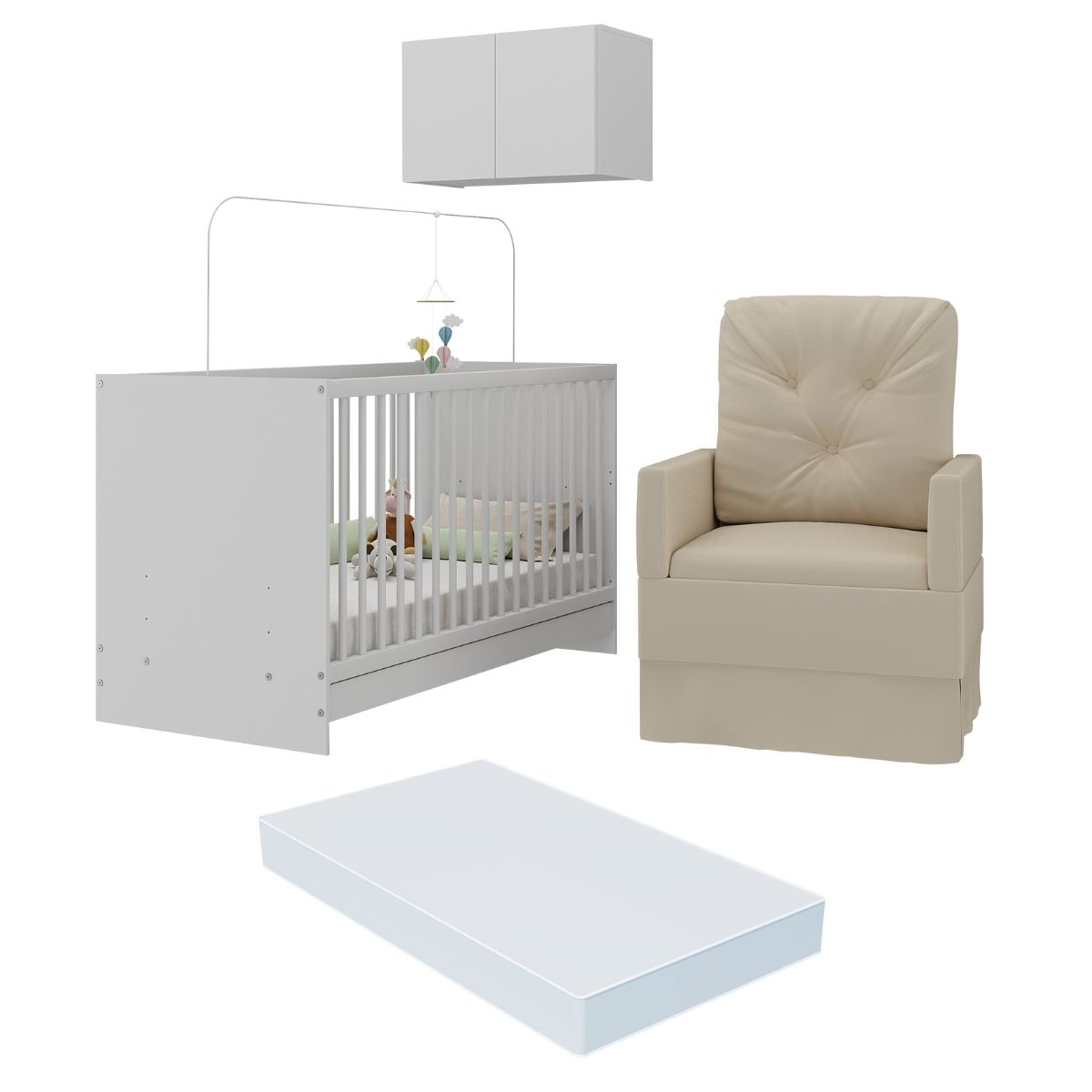 Berço 3 em 1 com Colchão Poltrona e Armário Aéreo 2 Portas Multimóveis MP4156 Branco/Bege