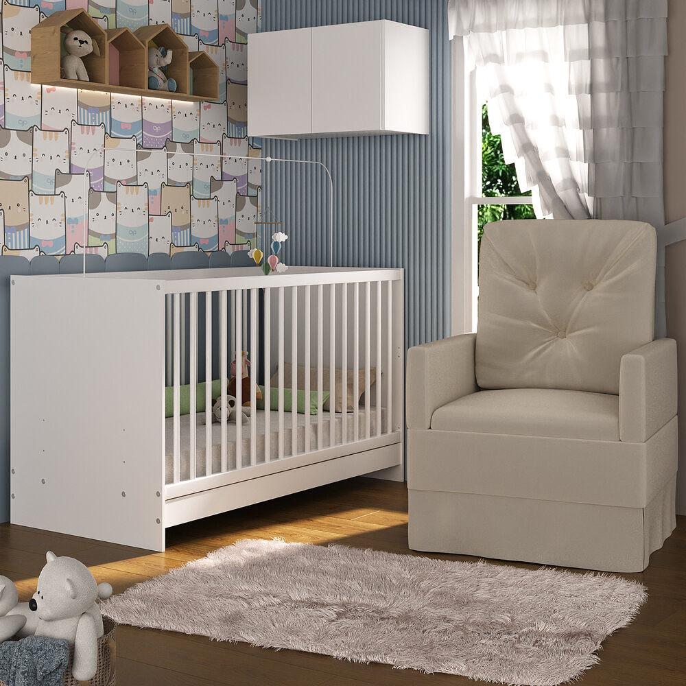 Berço 3 em 1 com Colchão Poltrona e Armário Aéreo 2 Portas Multimóveis MP4156 Branco/Bege