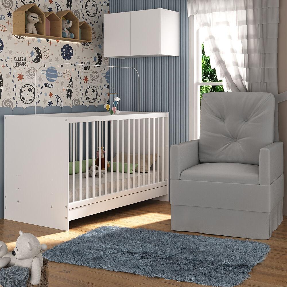 Berço 3 em 1 com Colchão Poltrona e Armário Aéreo 2 Portas Multimóveis MP4156 Branco/Cinza