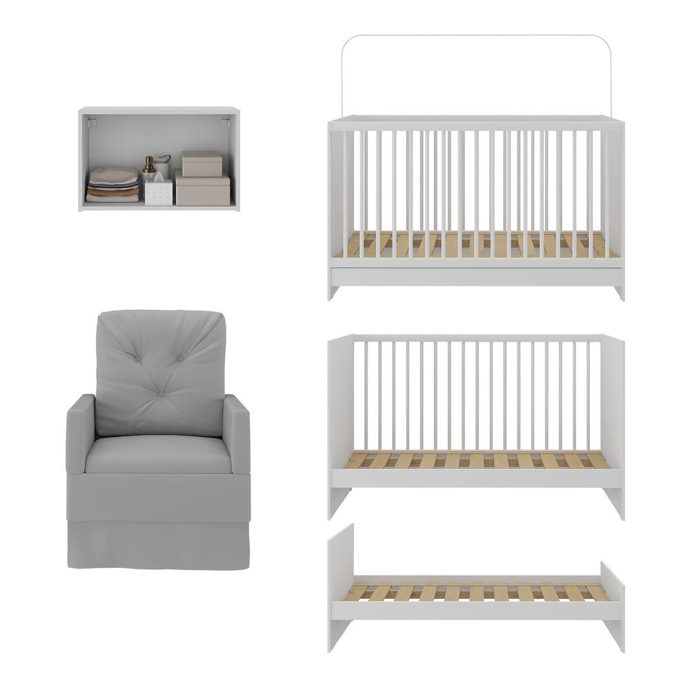 Berço 3 em 1 com Colchão Poltrona e Armário Aéreo 2 Portas Multimóveis MP4156 Branco/Cinza