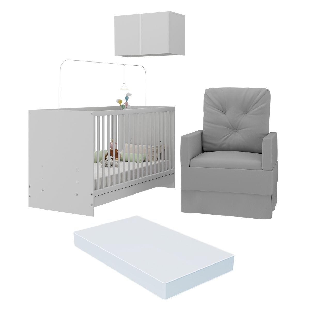 Berço 3 em 1 com Colchão Poltrona e Armário Aéreo 2 Portas Multimóveis MP4156 Branco/Cinza