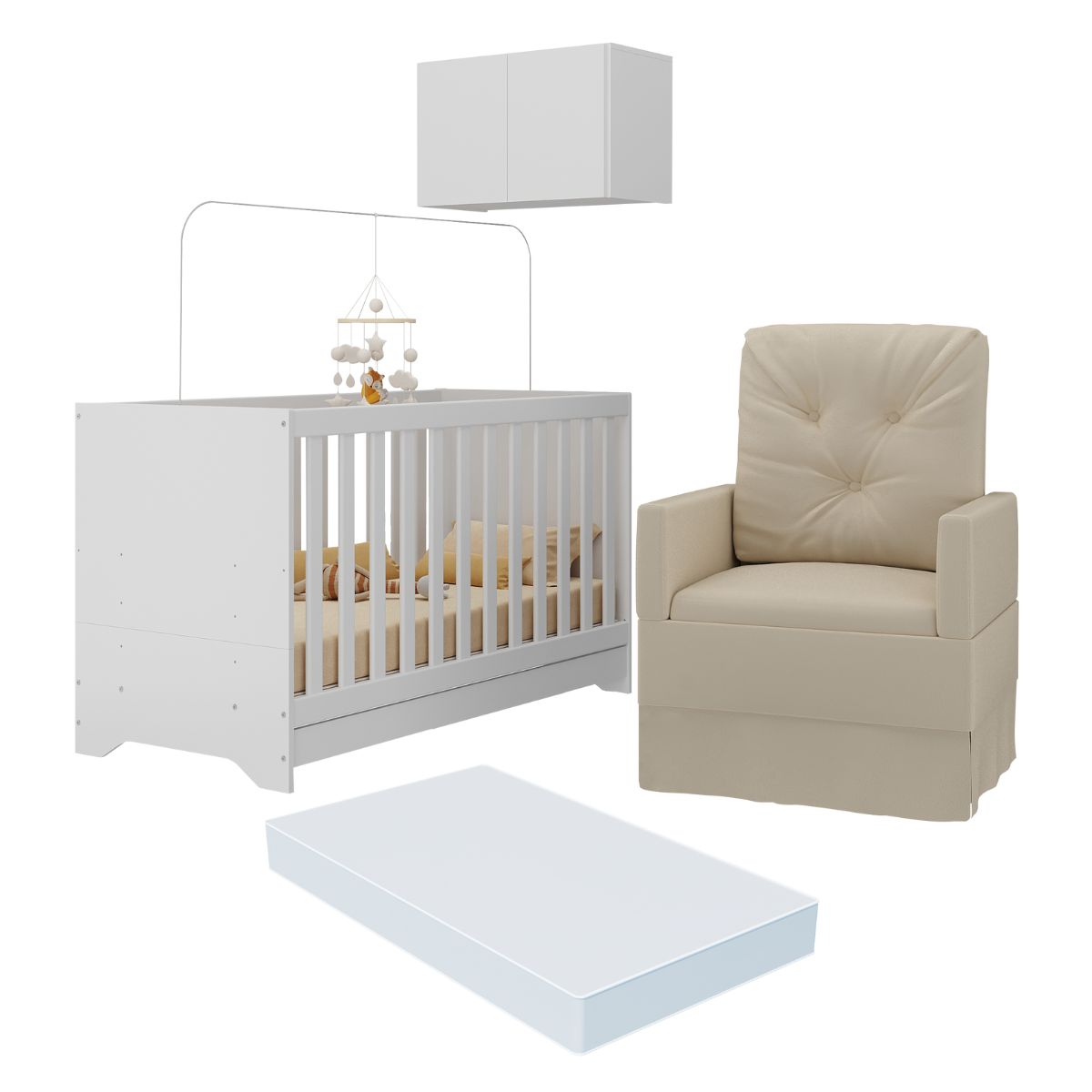 Berço 3 em 1 com Colchão Poltrona e Armário Aéreo 2 Portas Multimóveis MP4165 Branco/Bege