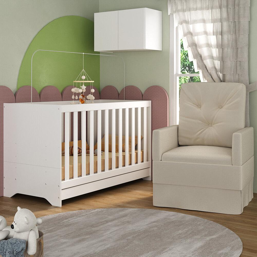 Berço 3 em 1 com Colchão Poltrona e Armário Aéreo 2 Portas Multimóveis MP4165 Branco/Bege