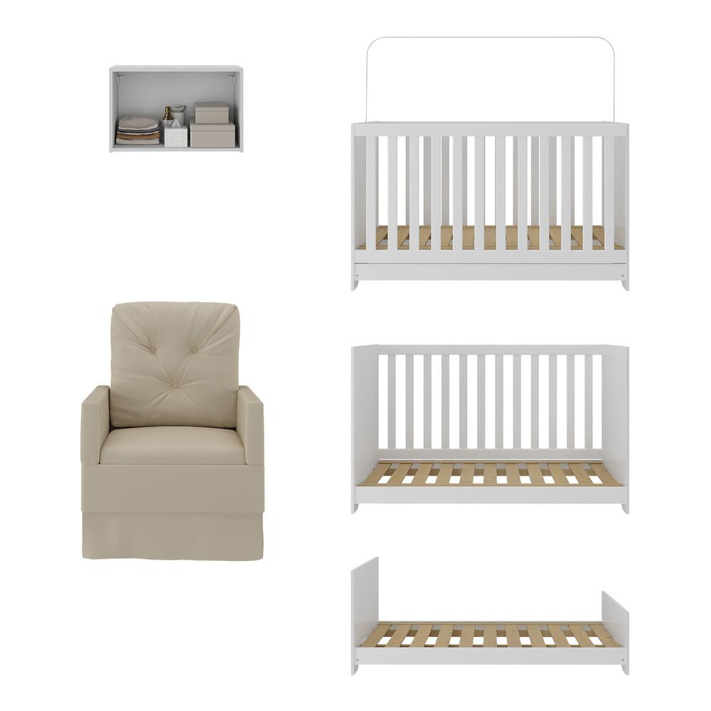 Berço 3 em 1 com Colchão Poltrona e Armário Aéreo 2 Portas Multimóveis MP4165 Branco/Bege