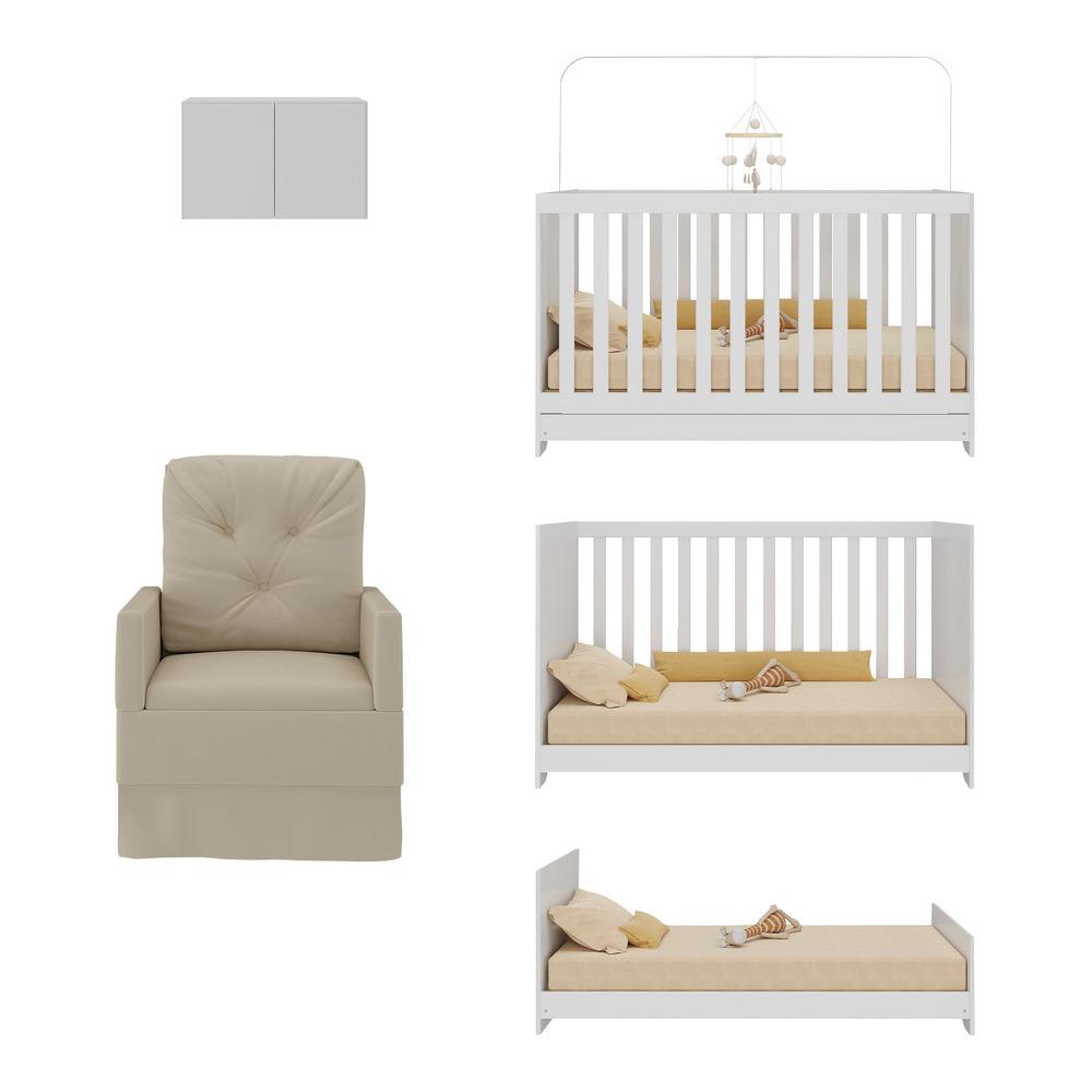 Berço 3 em 1 com Colchão Poltrona e Armário Aéreo 2 Portas Multimóveis MP4165 Branco/Bege