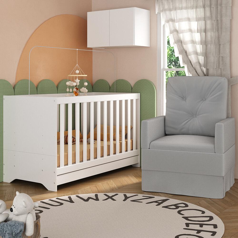 Berço 3 em 1 com Colchão Poltrona e Armário Aéreo 2 Portas Multimóveis MP4165 Branco/Cinza