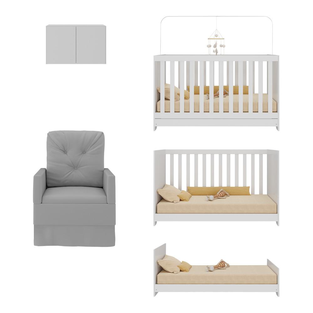 Berço 3 em 1 com Colchão Poltrona e Armário Aéreo 2 Portas Multimóveis MP4165 Branco/Cinza