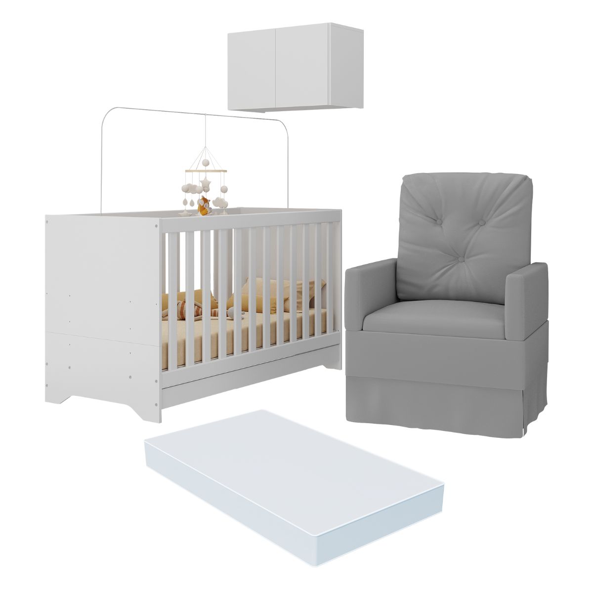 Berço 3 em 1 com Colchão Poltrona e Armário Aéreo 2 Portas Multimóveis MP4165 Branco/Cinza