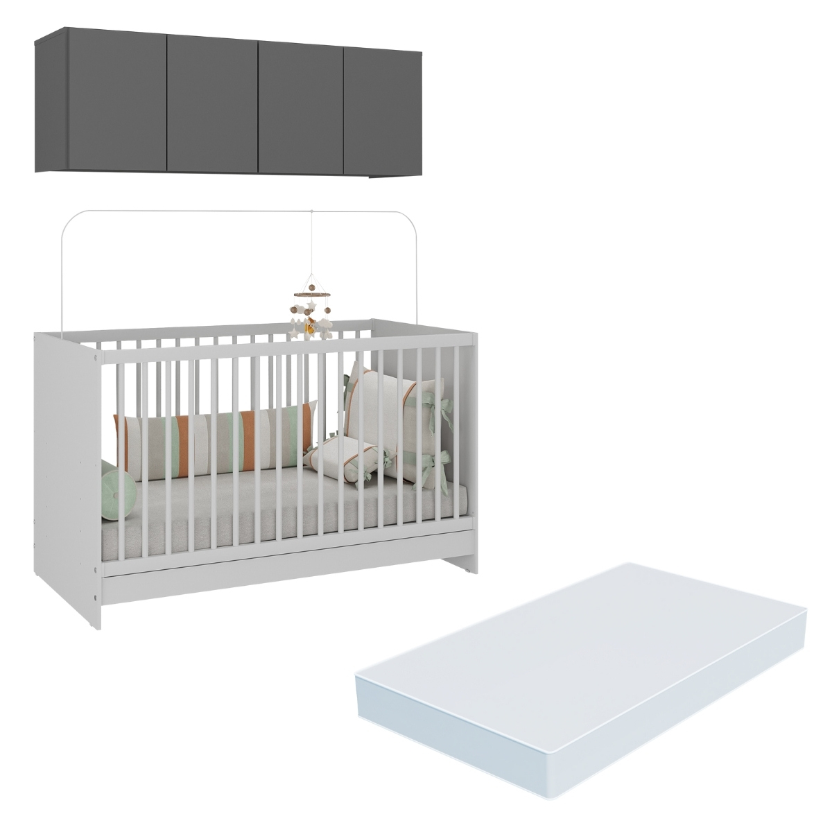 Berço 3 em 1 com Colchão e Armário Aéreo 4 portas Multimóveis MP4149 Branco/Grafite