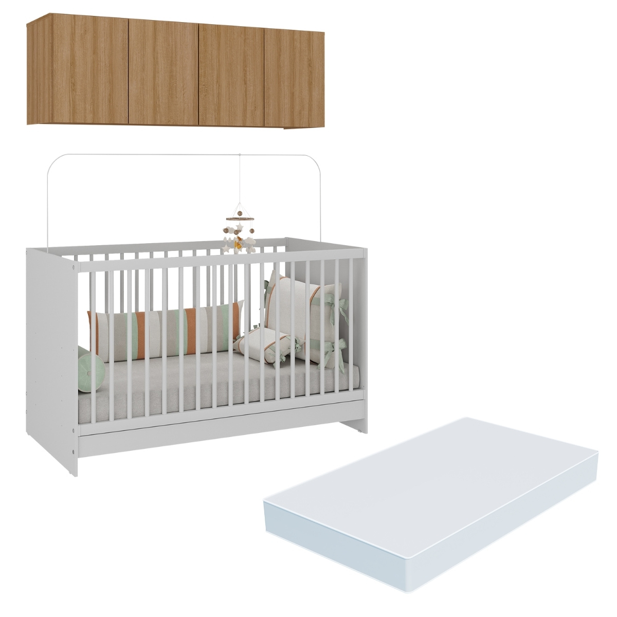 Berço 3 em 1 com Colchão e Armário Aéreo 4 portas Multimóveis MP4149 Branco/Rustic