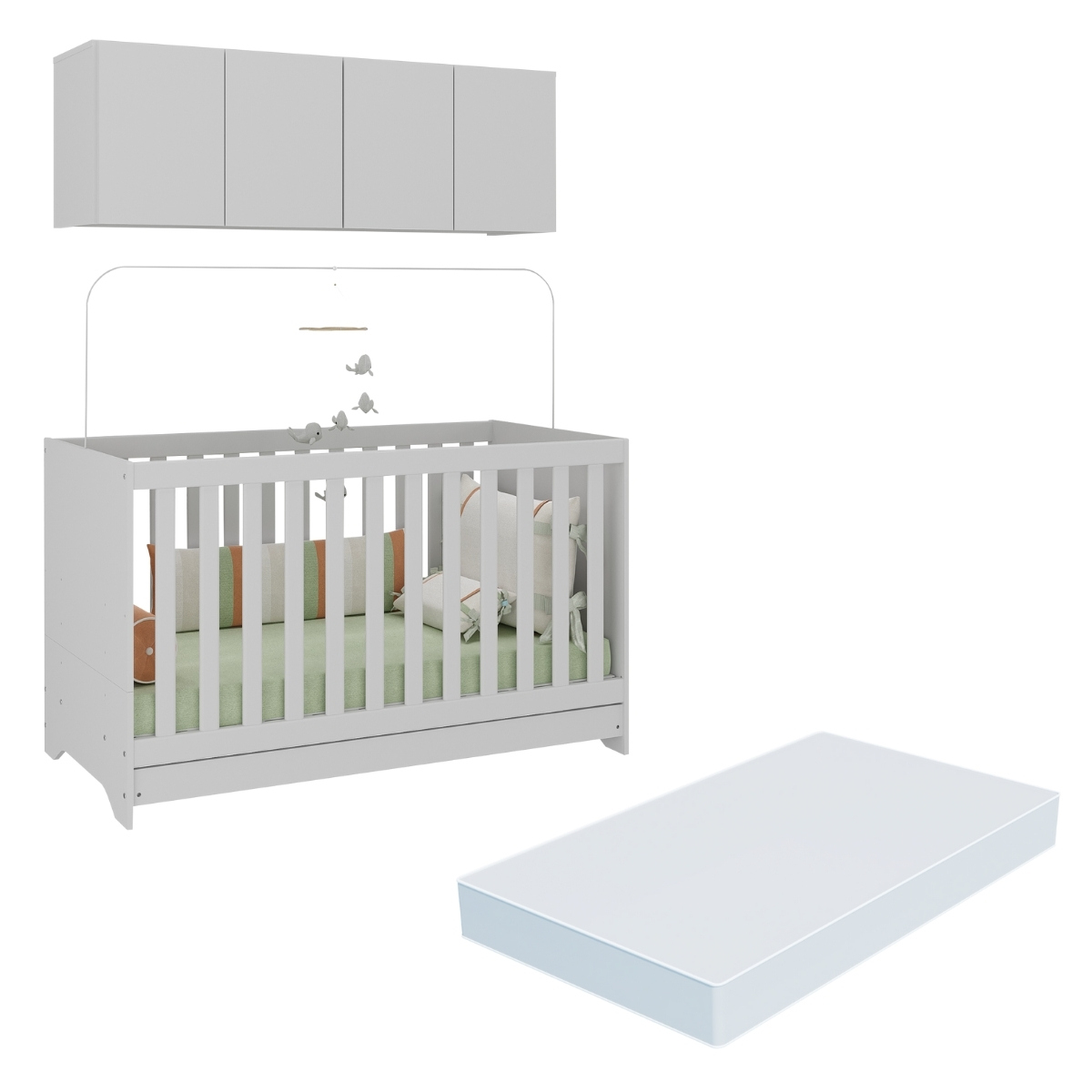 Berço 3 em 1 com Colchão e Armário Aéreo 4 portas Multimóveis MP4158 Branco