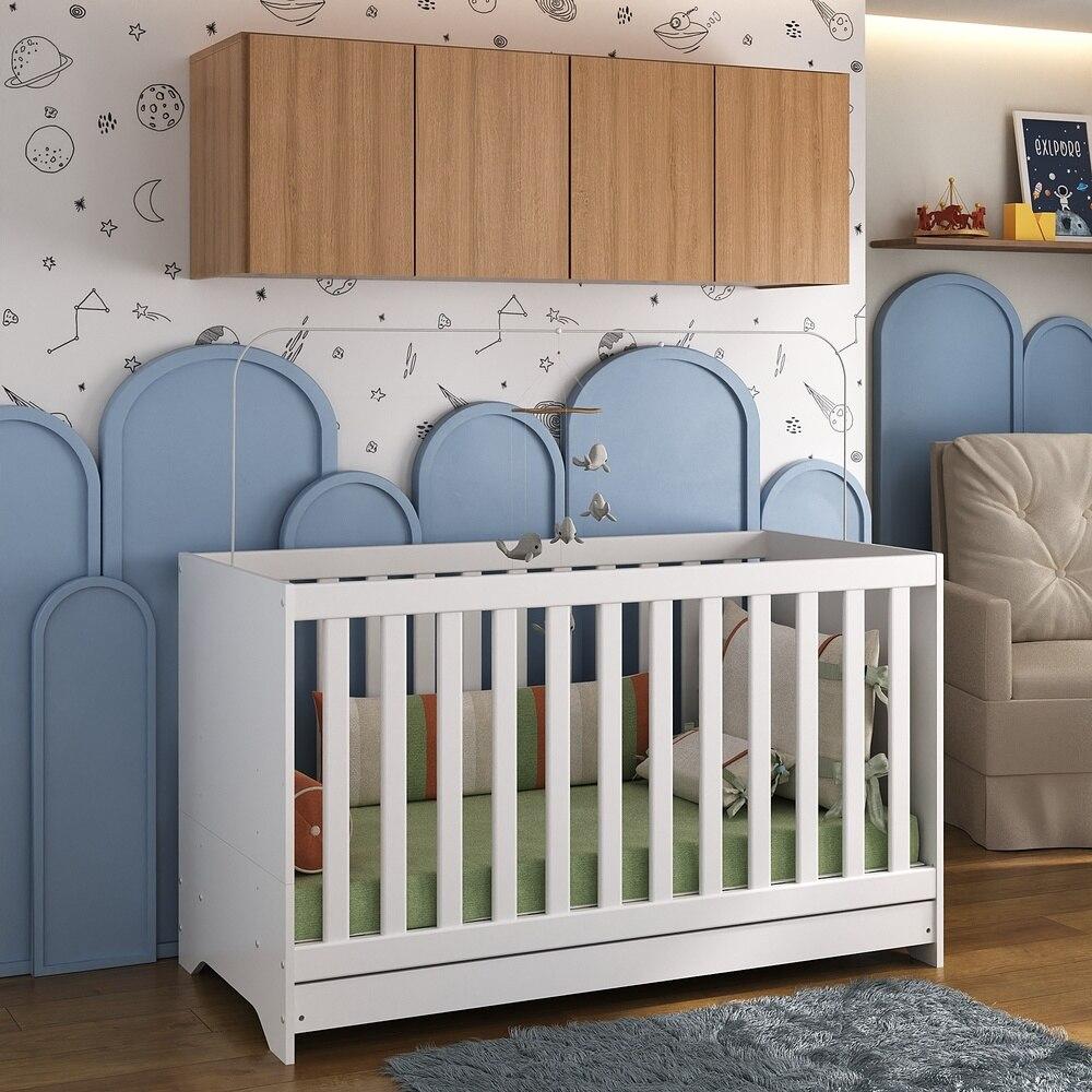 Berço 3 em 1 com Colchão e Armário Aéreo 4 portas Multimóveis MP4158 Branco/Rustic
