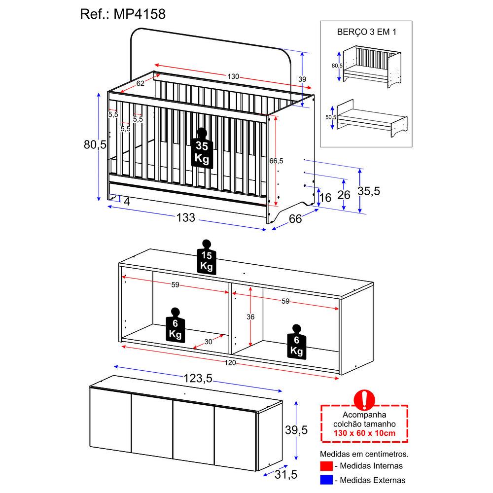Berço 3 em 1 com Colchão e Armário Aéreo 4 portas Multimóveis MP4158 Branco/Rustic