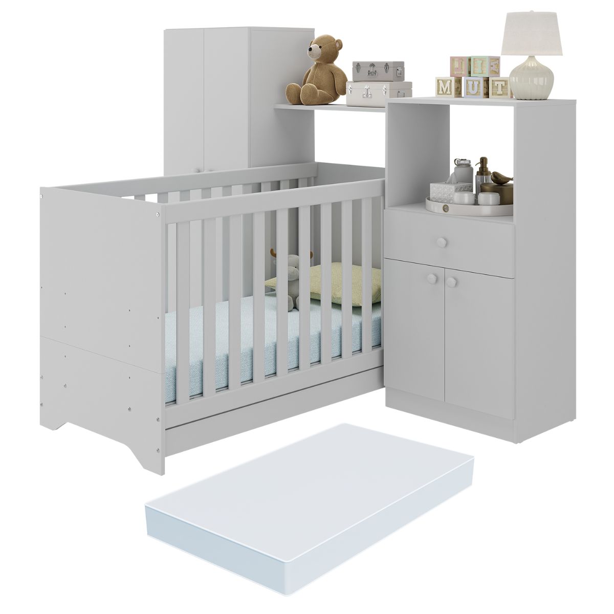 Berço 3 em 1 com Colchão e Guarda-Roupas 4 Portas 1 Gaveta Multimóveis  MP4162 Branco