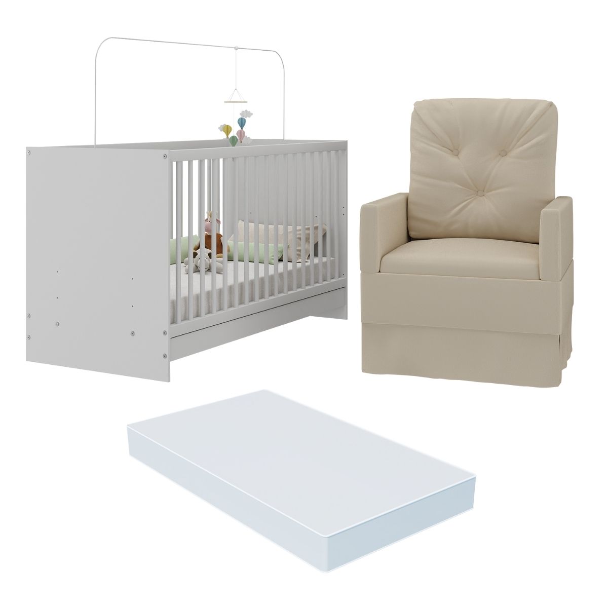 Berço 3 em 1 com Colchão e Poltrona Amamentação Multimóveis MP4150 Branco/Bege