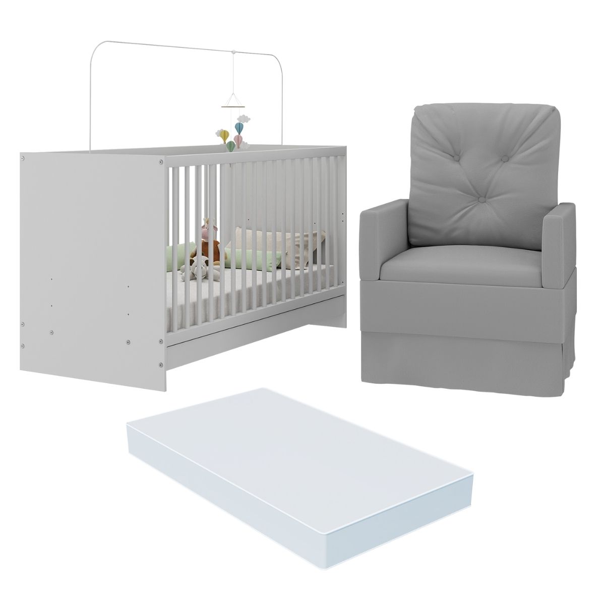 Berço 3 em 1 com Colchão e Poltrona Amamentação Multimóveis MP4150 Branco/Cinza