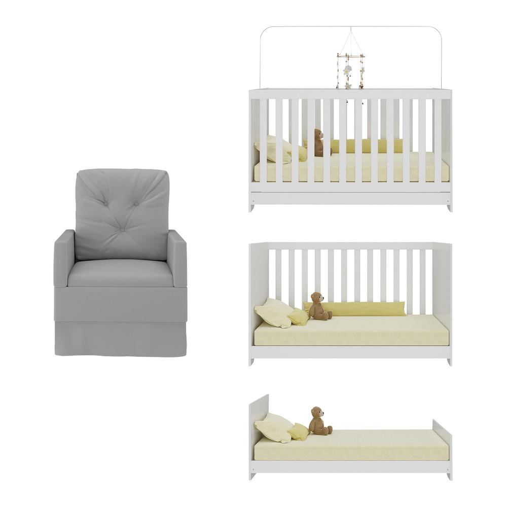 Berço 3 em 1 com Colchão e Poltrona Amamentação Multimóveis MP4159 Branco/Cinza