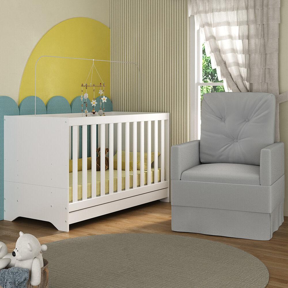 Berço 3 em 1 com Colchão e Poltrona Amamentação Multimóveis MP4159 Branco/Cinza