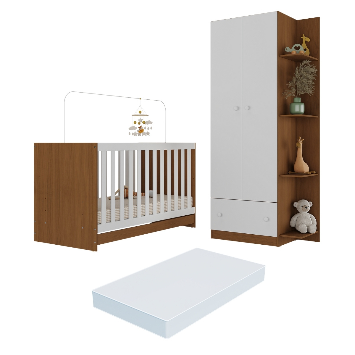 Berço 3 em 1 com Guarda-Roupas 2 Portas 1 Gaveta e Colchão Incluso Doce de Leite Multimóveis MP4242 Madeirado/Branco