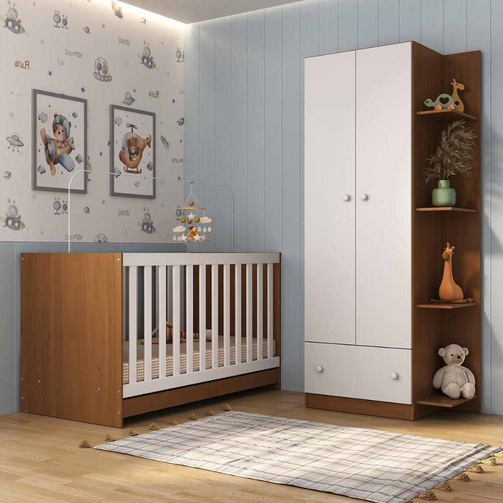 Berço 3 em 1 com Guarda-Roupas 2 Portas 1 Gaveta e Colchão Incluso Doce de Leite Multimóveis MP4242 Madeirado/Branco