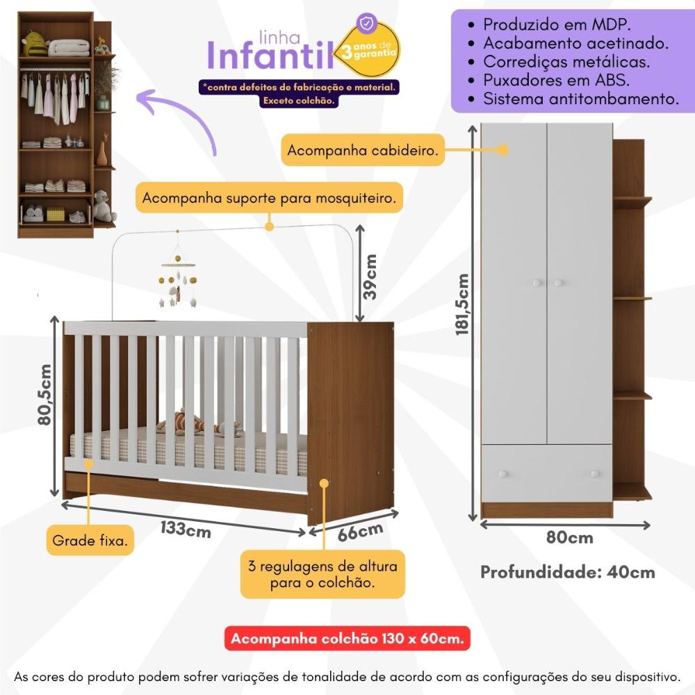 Berço 3 em 1 com Guarda-Roupas 2 Portas 1 Gaveta e Colchão Incluso Doce de Leite Multimóveis MP4242 Madeirado/Branco