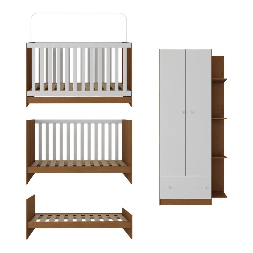 Berço 3 em 1 com Guarda-Roupas 2 Portas 1 Gaveta e Colchão Incluso Doce de Leite Multimóveis MP4242 Madeirado/Branco