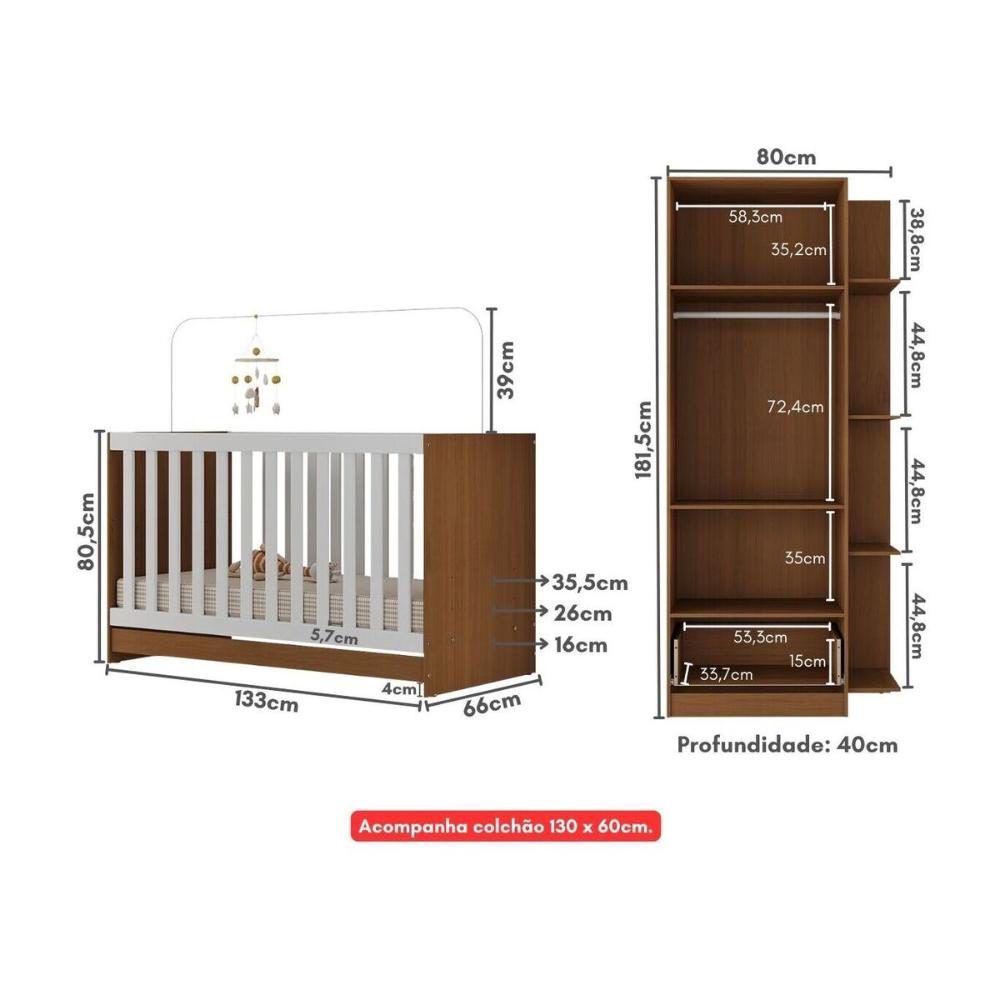 Berço 3 em 1 com Guarda-Roupas 2 Portas 1 Gaveta e Colchão Incluso Doce de Leite Multimóveis MP4242 Madeirado/Branco