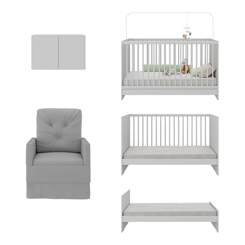 Berço 3 em 1 com Poltrona Amamentação e Armário Aéreo 2 Portas Multimóveis MP4147 Branco/Cinza
