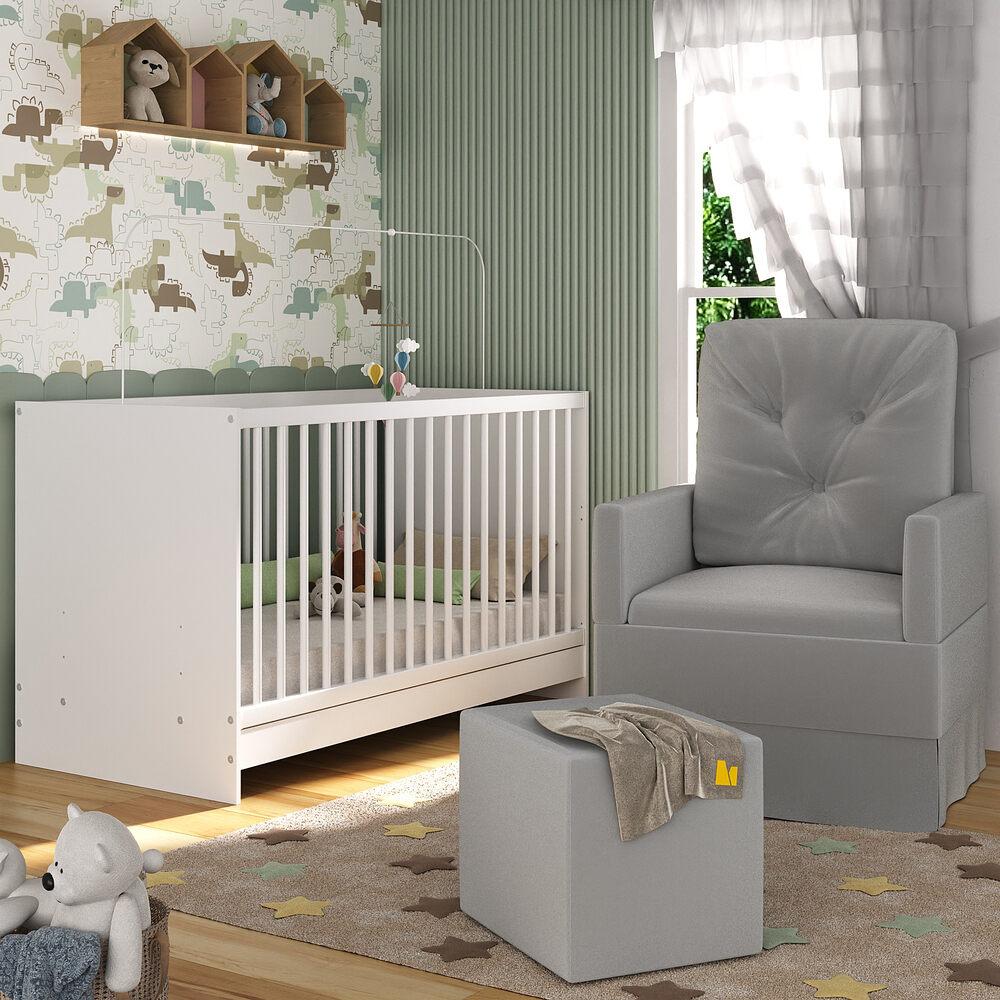 Berço 3 em 1 com Poltrona Amamentação e Puff Multimóveis MP4142 Branco/Cinza