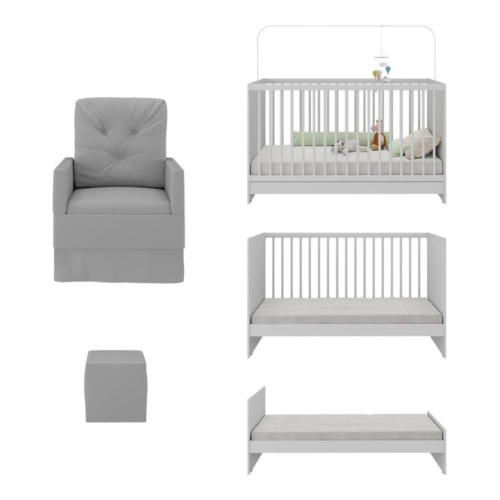 Berço 3 em 1 com Poltrona Amamentação e Puff Multimóveis MP4142 Branco/Cinza