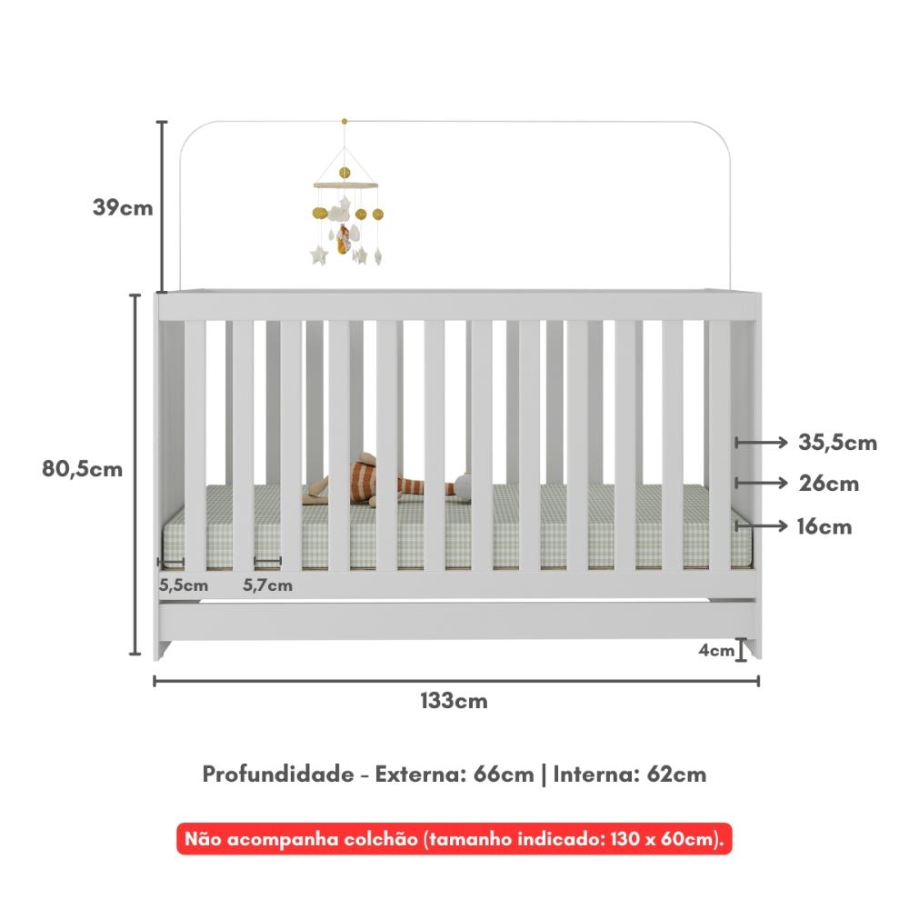 Berço 3 em 1 para Colchão 130 x 60cm Doce de Leite Multimóveis MP0527R Branco