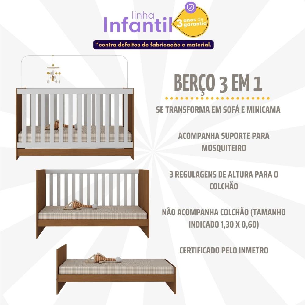 Berço 3 em 1 para Colchão 130 x 60cm Doce de Leite Multimóveis MP0527R Madeirado/Branco