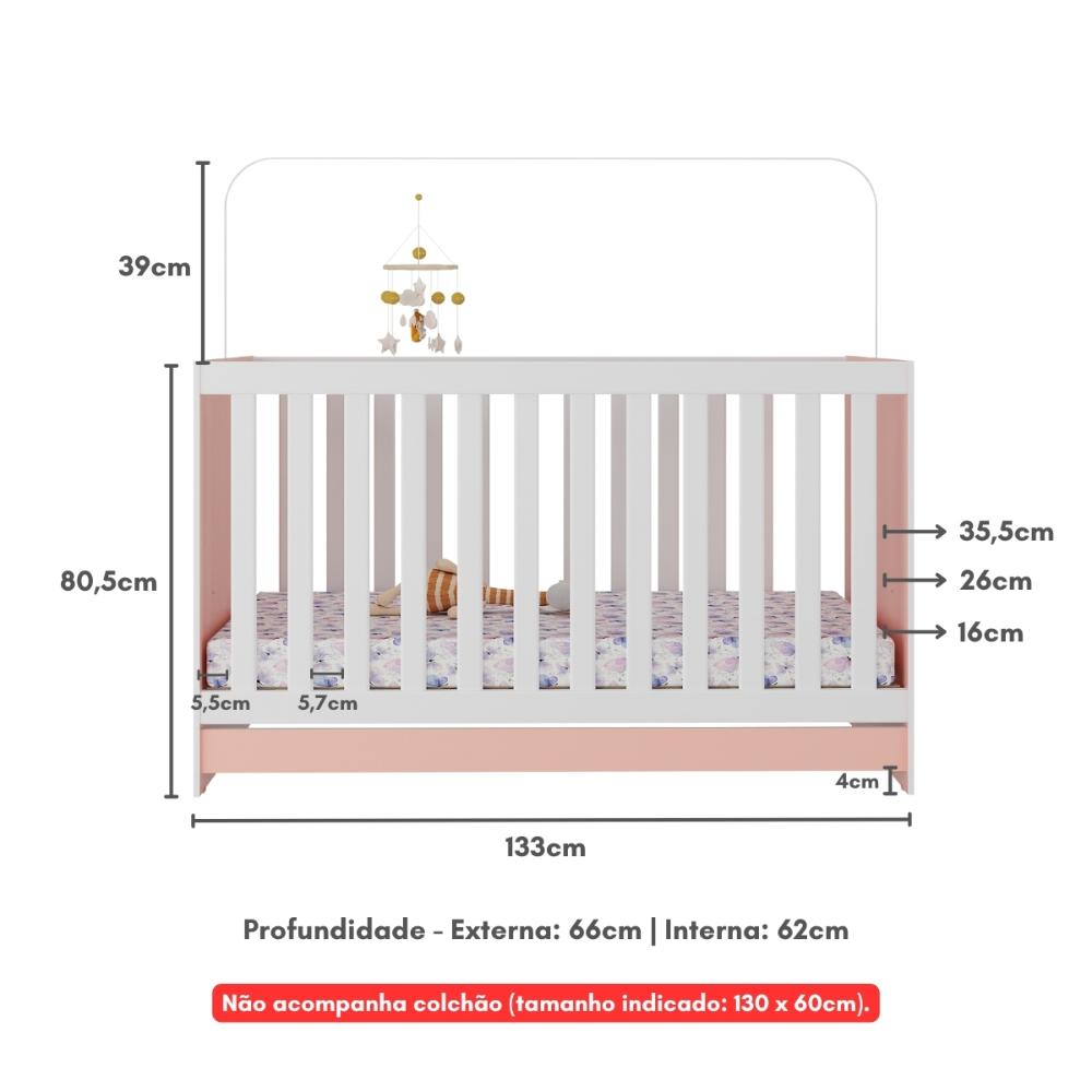 Berço 3 em 1 para Colchão 130 x 60cm Doce de Leite Multimóveis MP0527R Rosa