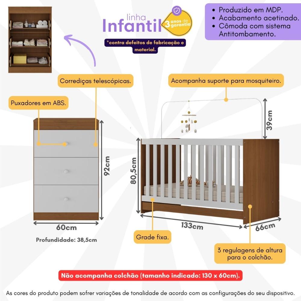 Berço 3 em 1 para Colchão 130 x 60cm com Cômoda 3 Gavetas Doce de Leite Multimóveis MP4239 Madeirado/Branco