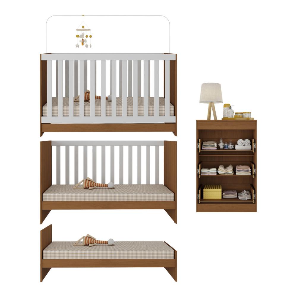 Berço 3 em 1 para Colchão 130 x 60cm com Cômoda 3 Gavetas Doce de Leite Multimóveis MP4239 Madeirado/Branco