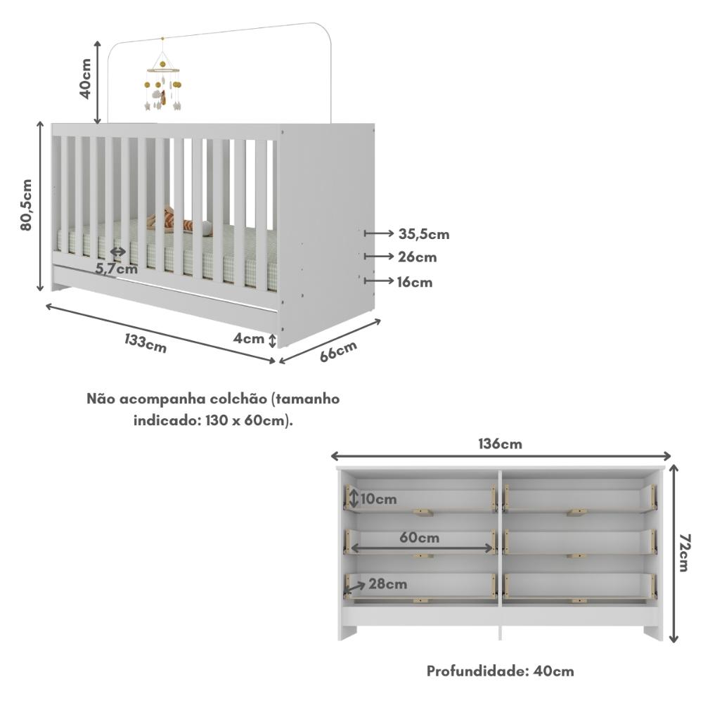 Berço 3 em 1 para Colchão 130 x 60cm com Cômoda Doce de Leite Multimóveis MP4297 Branco