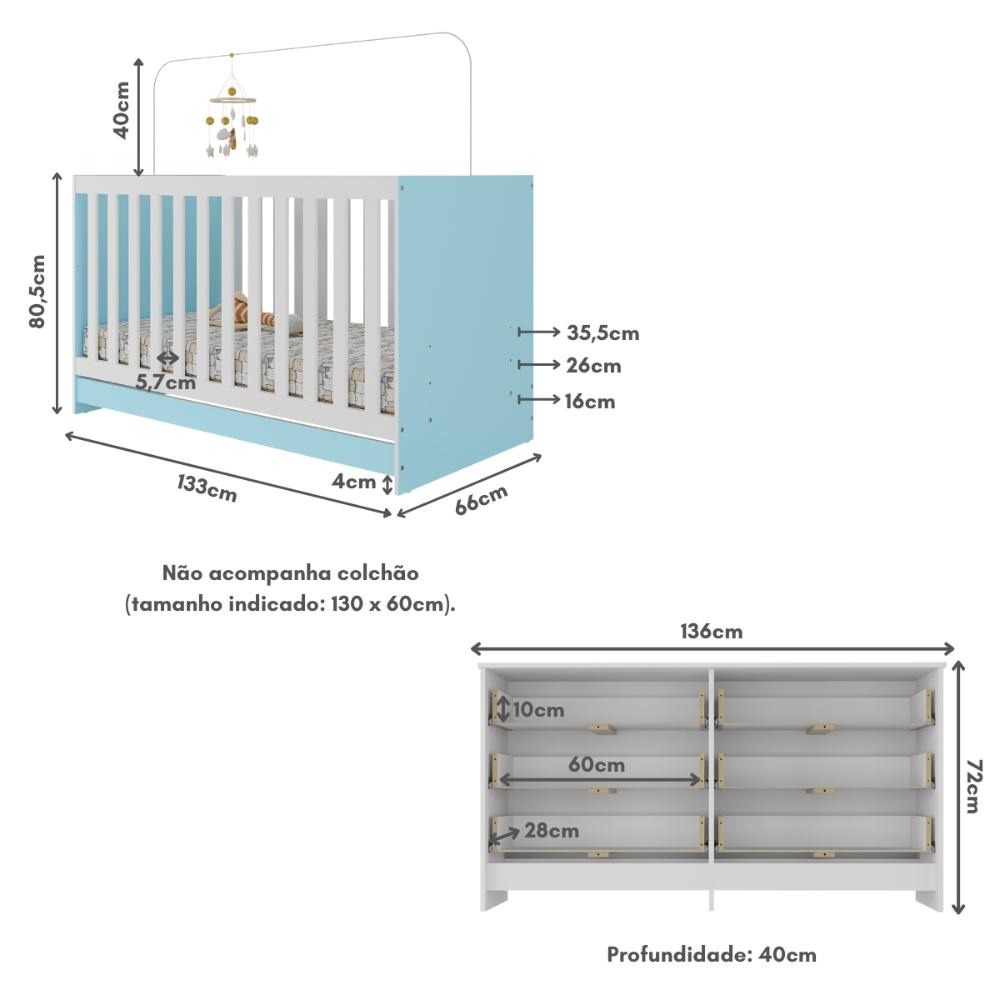 Berço 3 em 1 para Colchão 130 x 60cm com Cômoda Doce de Leite Multimóveis MP4297 Branco/Azul