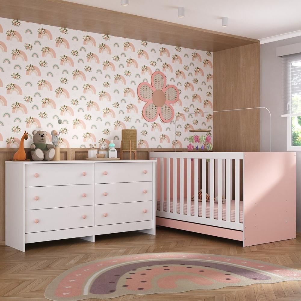 Berço 3 em 1 para Colchão 130 x 60cm com Cômoda Doce de Leite Multimóveis MP4297 Branco/Rosa