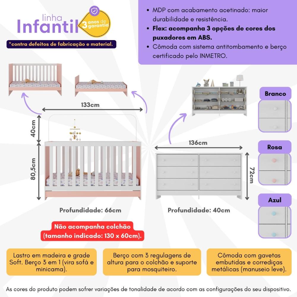 Berço 3 em 1 para Colchão 130 x 60cm com Cômoda Doce de Leite Multimóveis MP4297 Branco/Rosa