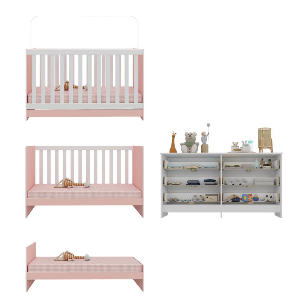 Berço 3 em 1 para Colchão 130 x 60cm com Cômoda Doce de Leite Multimóveis MP4297 Branco/Rosa