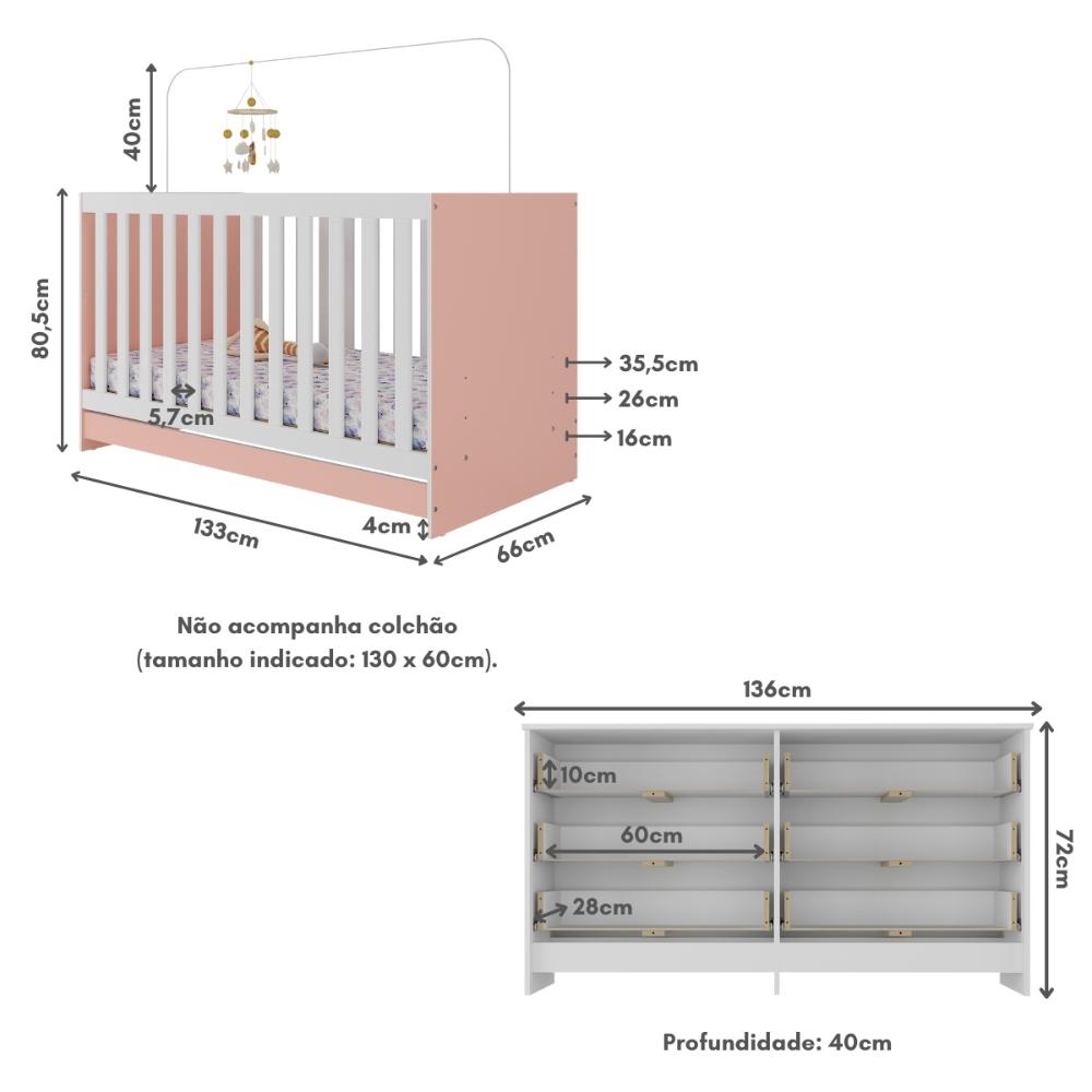 Berço 3 em 1 para Colchão 130 x 60cm com Cômoda Doce de Leite Multimóveis MP4297 Branco/Rosa