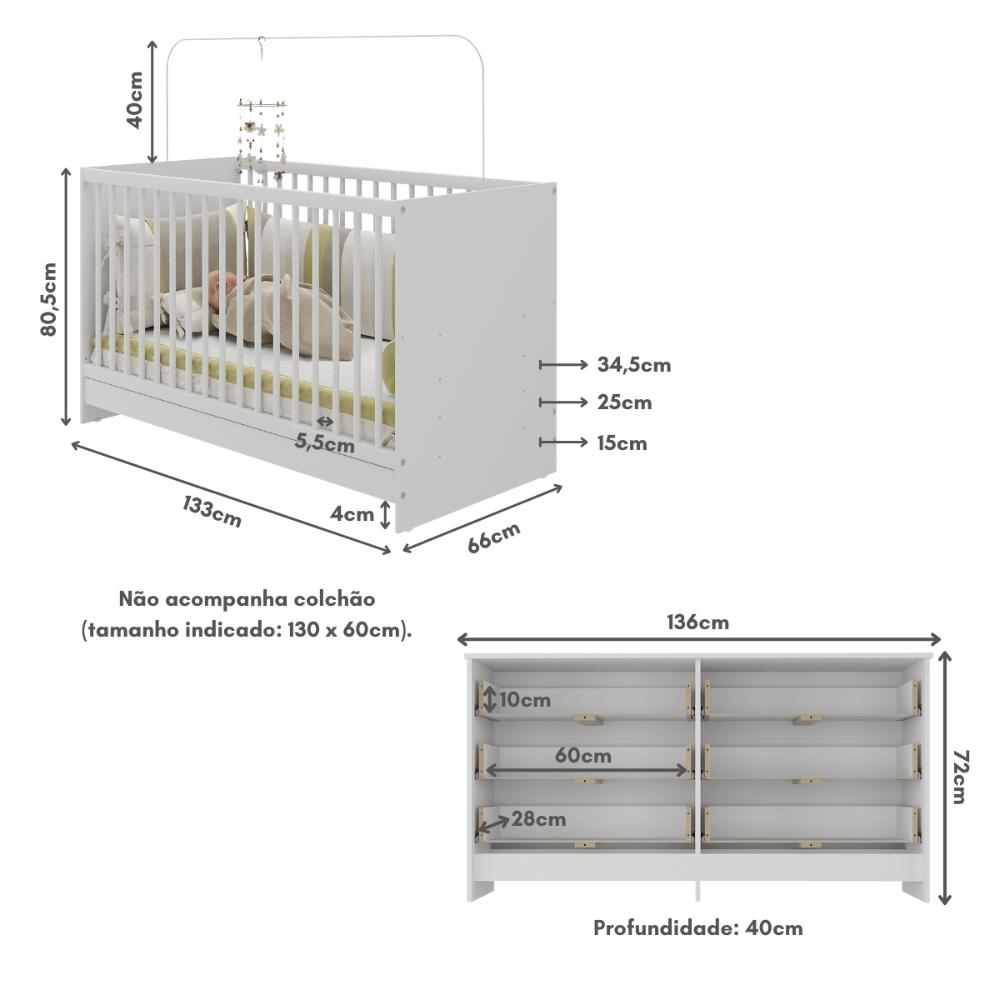 Berço 3 em 1 para Colchão 130 x 60cm com Cômoda Framboesa Multimóveis MP4295 Branco